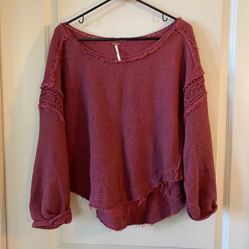 Free People burgundy Frayed bottom hemThermal top